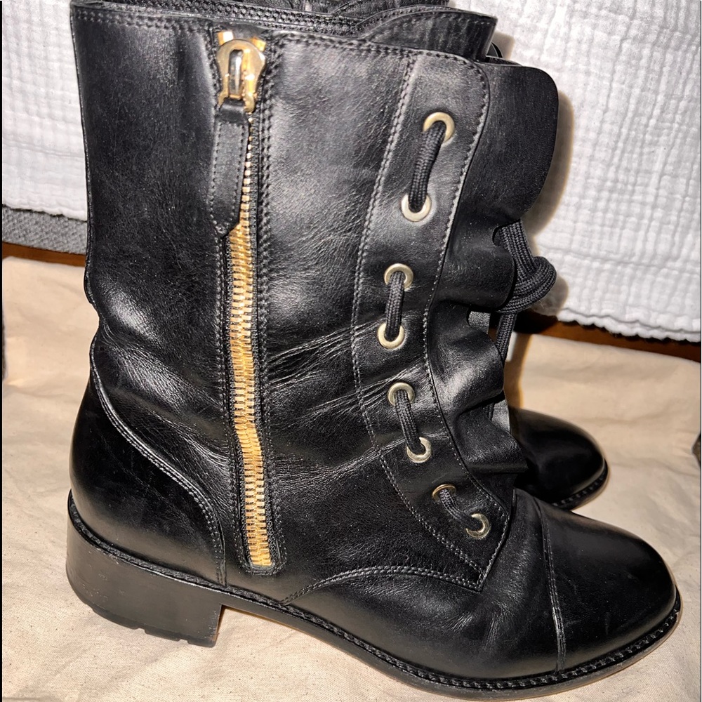 Valentino Garavani Ruffle Combat Boots Black Leather Size 39.5 US 9